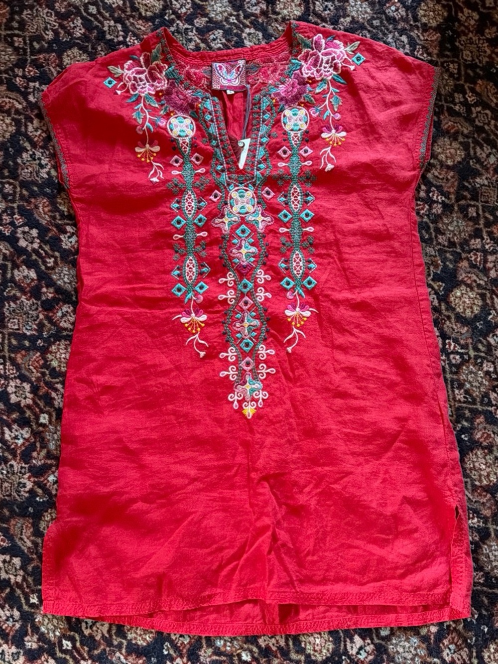 Johnny Was Red Embroidered Tunic with Teal Floral Accents